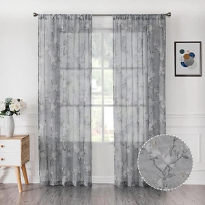 Floral Grey Sheer Curtain Flower Print Vine Embroidery Bedroom Curtains Rod Pock - Picture 1 of 12