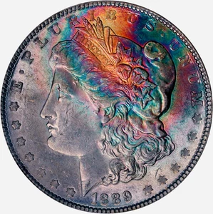 Dólar Morgan arco iris 1889 graduación profesional MS63 ~ MAGNÍFICO ANVERSO Y REVERSO ARCO IRIS TONIFICACIÓN* - Imagen 1 de 7