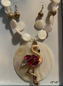 Paradise Shores Pink Flamingo & Shell Necklace & Earrings Set Tropical Jewelry - Picture 1 of 4