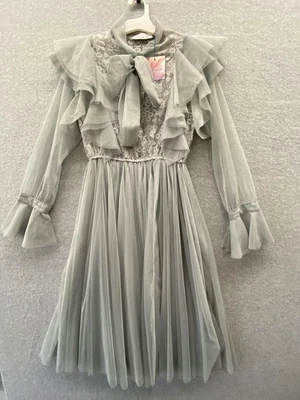 Chicwish платье женщин маленький Sage серый кружевной оборки сетки кокетка фея бант Midi - Изображение 1 из 4