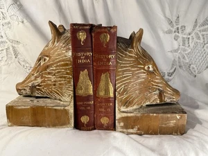 Vintage MCM Midcentury Handgeschnitzt Spanisch? Schwere Holz Wildschweinkopf Buchstützen 10”x6” - Bild 1 von 5