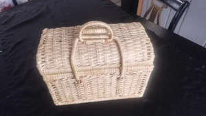 Vtg Wicker Picnic Basket W Handles Red Checkered Cloth Inside 13"X 7"X 10" - Picture 1 of 15