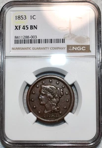 NGC XF-45 BN 1853 Braided Hair Large Cent, Attractive, Mid-Grade specimen. - Picture 1 of 2