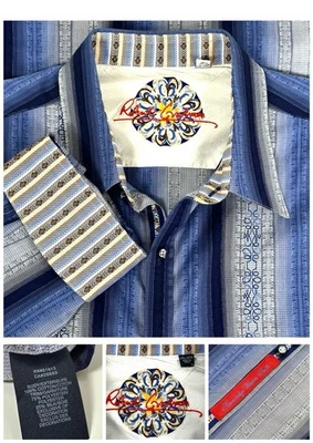 Robert Graham Men’s Shirt Size Large Blue Embroidered Geometric Striped Cotton - Image 1 of 4