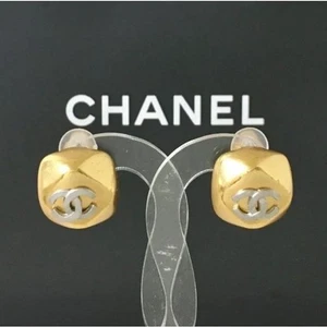 Chanel Authentic earrings Coco mark combination silver gold color 1.6cm wide C01 - Picture 1 of 4