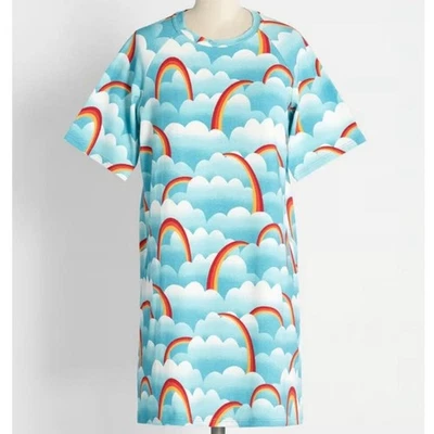 NWT ModCloth On Cloud Mine T-Shirt Dress Rainbow Sea Blue Clouds Size Medium - Image 1 of 4