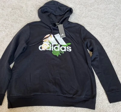 NWT - Adidas Pink Roses Hoodie Sweater Sweatshirt Womens Sz XL Black Adult - Image 1 of 4