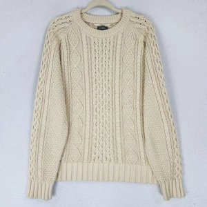 LL Bean Sweater Mens Large Cream Cable Knit Fishermans Signature Crew Neck - Picture 1 of 10