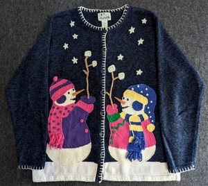 VTG Quacker Factory Embroidered Snowmen Holiday Sweater Womens L Wool Christmas - Picture 1 of 11