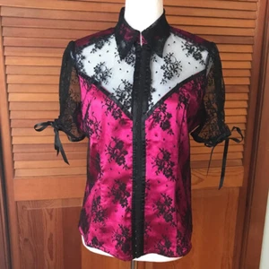 Vintage Lip Service Gothic Victorian Y2K Coquette Fuchsia Black Lace Top XL - Picture 1 of 7
