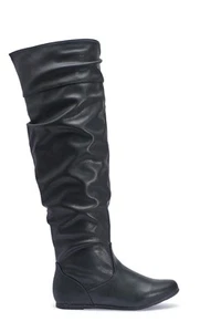 Trüffel Neu Schwarz Pu Kunstleder Huo1 Damen Vegan Knie Stiefel - Bild 1 von 1