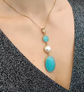 Collana donna catena argento 925 placcato oro ciondolo agata verde perla mabè - Foto 1 di 15
