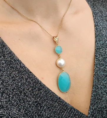 Collana donna catena argento 925 placcato oro ciondolo agata verde perla mabè - Immagine 1 di 4