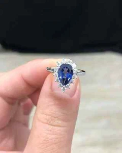 3.02 Ct Natural Pear Cut Blue Sapphire Diamond Wedding Ring Real 14K White Gold - Picture 1 of 6