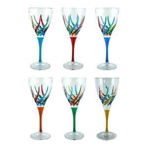 Set of Six 6 Murano Wine Glass Hand Painted Multi Red Green Blue Venice Italy - Picture 1 of 7