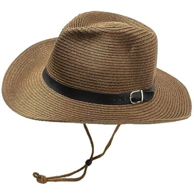 Western Cowboy Hat Straw Cowgirl Sun Hat Adjustable Belt for One Size Coffee - Image 1 of 4