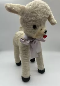 Peluche vintage agnello avvolgibile opere musicali feltro lingua fiocco antico - Foto 1 di 7