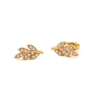 Olive Leaf Earrings With Zircon 14k Gold, Gold Leaf Stud Earrings - Picture 1 of 4