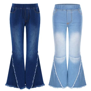 Kids Girls Raw Hem Flared Jeans Elastic Waist Bell-Bottoms Trousers Denim Pants - Picture 1 of 33