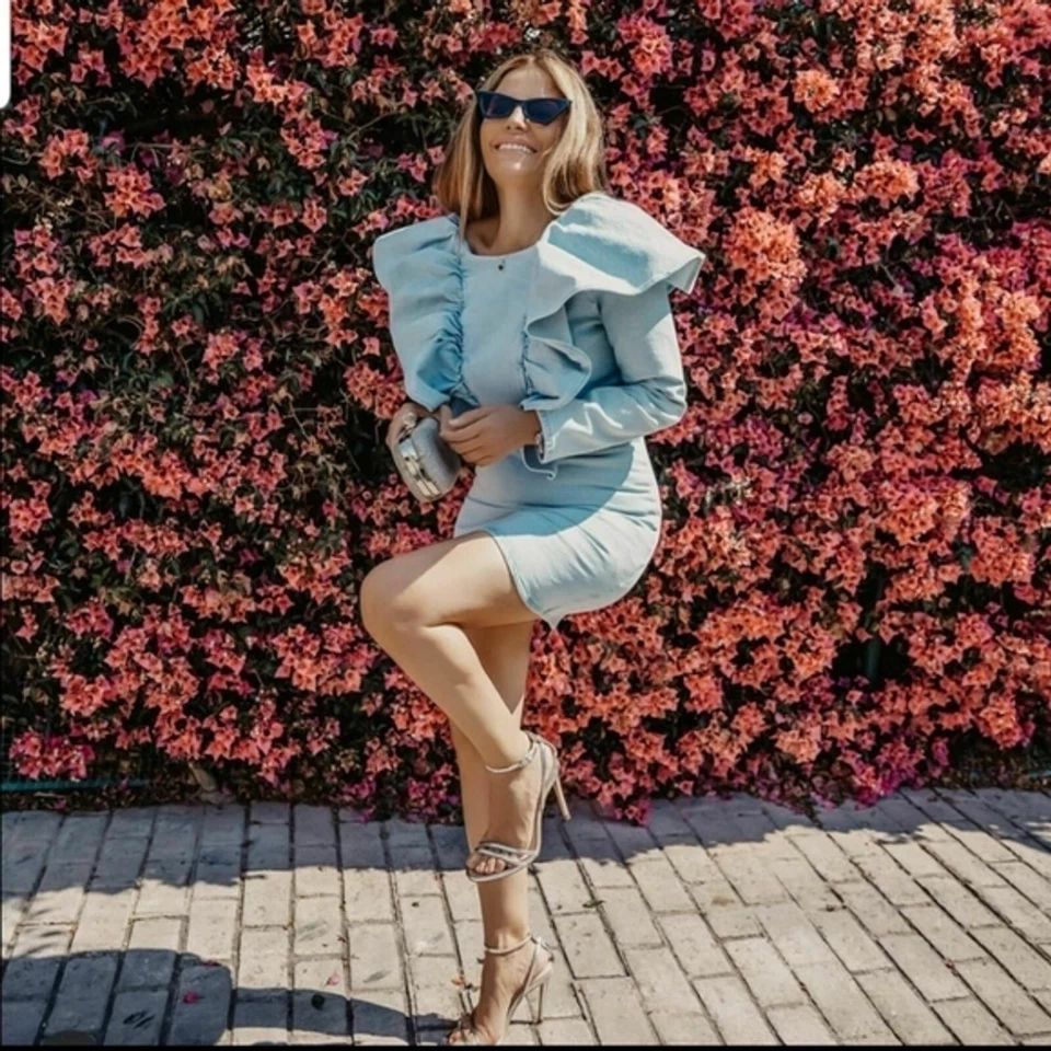 Zara Women Ruffled Denim Dress Light Blue 8527/003 Size M