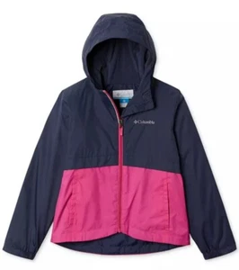 $65 Columbia Girl Youth Sz S (7/8) Waterproof Lined Hooded Rain Jacket Pink Navy - Picture 1 of 6