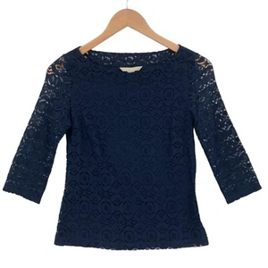 Banana Republic Blouse Top Womens 00P Navy Lace Floral Long Sleeve Side Zipper - Picture 1 of 12