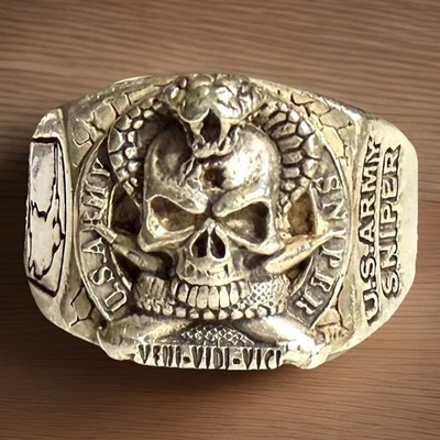 VTG COBRA SKULL STERLING SILVER US ARMY SNIPER RING MENS MILITARY RING SZ 13.5 - Image 1 of 4