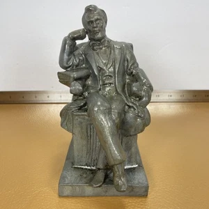 Statue Abraham Lincoln sitzend auf Stuhl 6-3/4" Metall Silber Buchstütze Türstopper Vintage - Bild 1 von 12