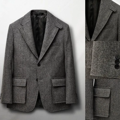 Tweed Wool Blend Men Suits Blazer Herringbone Wedding Tuxedos Tailored Business - Image 1 of 4