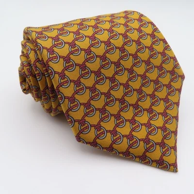 Corbata Hermes Seda Amarillo Marrón Lazo Caballo 3.5" Ancho 54" Largo Hecha a Mano Francia Foto 1 de 4