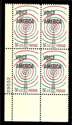VOICE OF AMERICA US #1329 TRANSMISSION TOWER MXF 5c STAMP PLATE BLOCK WITH MOUNT - Image 1 of 3