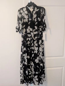 Calvin Klein Floral Print Shirtdress Dress Size 8 Black - Picture 1 of 7