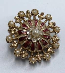 Vintage Coro Faux Burst Pearls Rhinestone Gold Tone Red Enamel Flower Brooch Pin - Picture 1 of 5