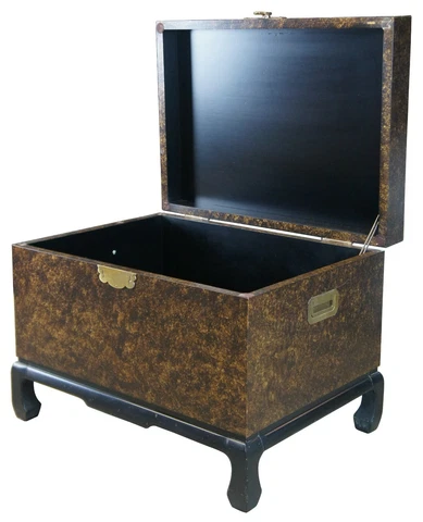 Chinese Mottled Gold & Black Chinoiserie Chest or Trunk on Stand Box Side Table Cover