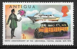 Antigua 2c Stamp shows boat and bus - postal services 1974 - shows the F error - Picture 1 of 2