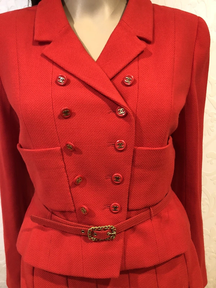 CHAQUETA FALDA CHANEL 1995 Lana Roja CINTURÓN Traje Logo Botón Talla M Coleccionista Foto 1 de 4