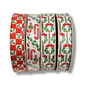 4 Rolls Vtg Reversible Flora Satin Christmas Ribbon USA Holly Wreaths Candy Cane - Picture 1 of 6