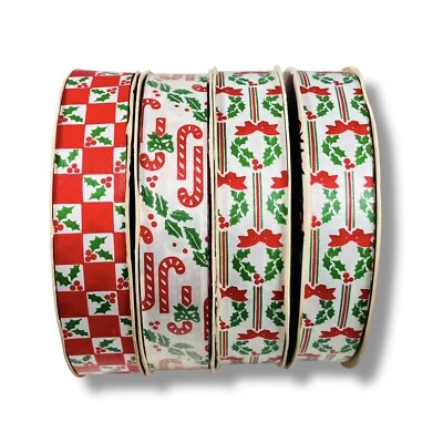 4 Rolls Vtg Reversible Flora Satin Christmas Ribbon USA Holly Wreaths Candy Cane - Image 1 of 4