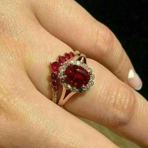 2.00Ct Oval Cut Simulated Red Ruby Engagement Bridal Set 14K Yellow Gold Finish - Picture 1 of 6