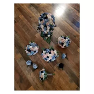 Set fiori matrimonio 9 pezzi blu polvere rosa sola legno bouquet da sposa blush artificiale - Foto 1 di 10