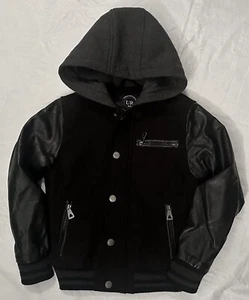 SZ 10/12 BOYS VARSITY COAT JACKET BLACK FELT MOCK LEATHER ARMS HOODIE - Picture 1 of 6