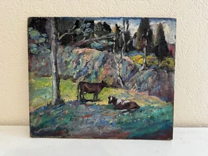 Vtg Antique EA Trego Oil on Board Painting Impressionist Style Cows in Landscape - Picture 1 of 14