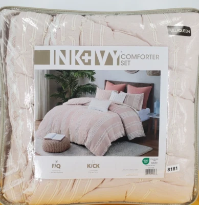 Juego de edredón INK+IVY 100 % algodón moderno a rayas texturizado completo/queen kara rubor Foto 1 de 4