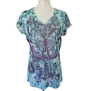 Y2K Sheer Butterfly Short Sleeve T-Shirt Womens Large V-Neck Burnout Colorful L - Picture 1 of 23
