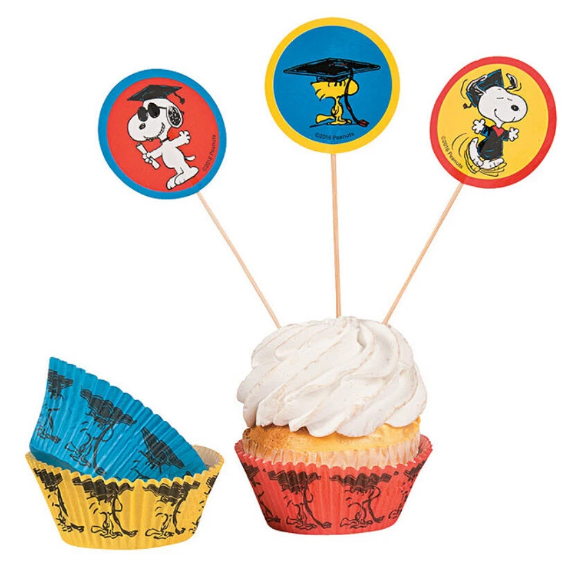 PEANUTS Snoopy Woodstock Graduation Party 12 CUPCAKE LINERS w12 TOPPERS/Picks   - Image 1 of 1