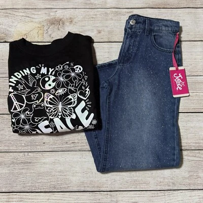 Traje Justice Niña Talla M. ¡NUEVO CON ETIQUETAS! Sudadera con capucha negra L/S y pantalones de mezclilla de pierna ancha. Estrás Foto 1 de 4