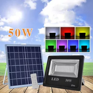 50W RGB Solar LED Flood Lights Waterproof Remote Control Timing Memory Function - Picture 1 of 12