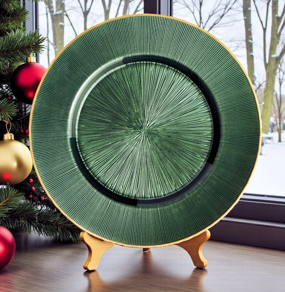 Williams Sonoma Evergreen Gold Glass Charger Plate 13" NWT Christmas Holiday - Image 1 of 1