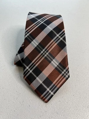 Corbata hecha a mano Perry Ellis Portfolio bronce, gris patrón a cuadros 100 % seda nueva sin etiquetas Foto 1 de 4