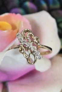 Natural Diamond Offset Modernist Swoop Tier Ring Solid 14K Gold Vintage Sz 6.75 - Picture 1 of 9